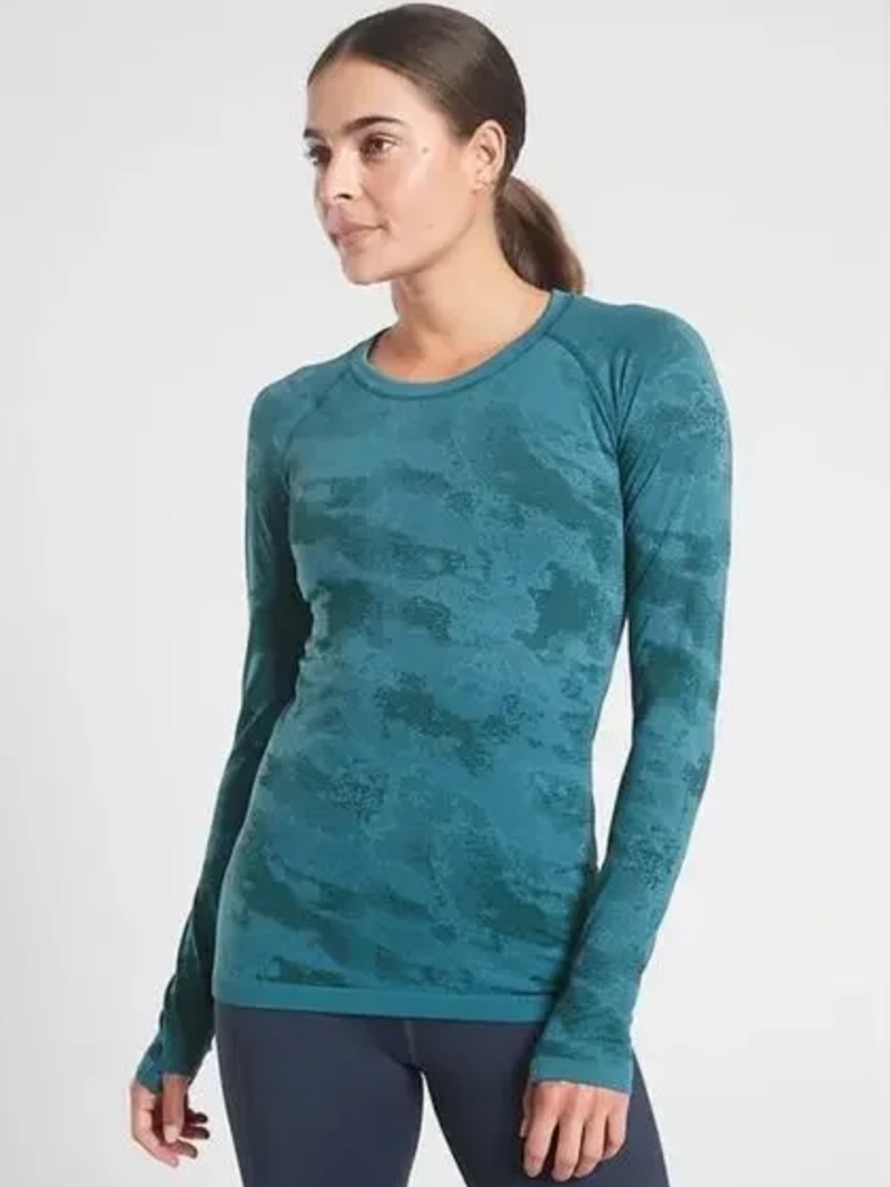 Athleta Teal Camouflage Long Sleeve Performance Top